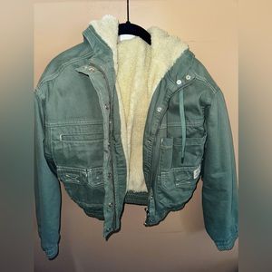 Green Jean Fur Crop Jacket, Size XSMALL